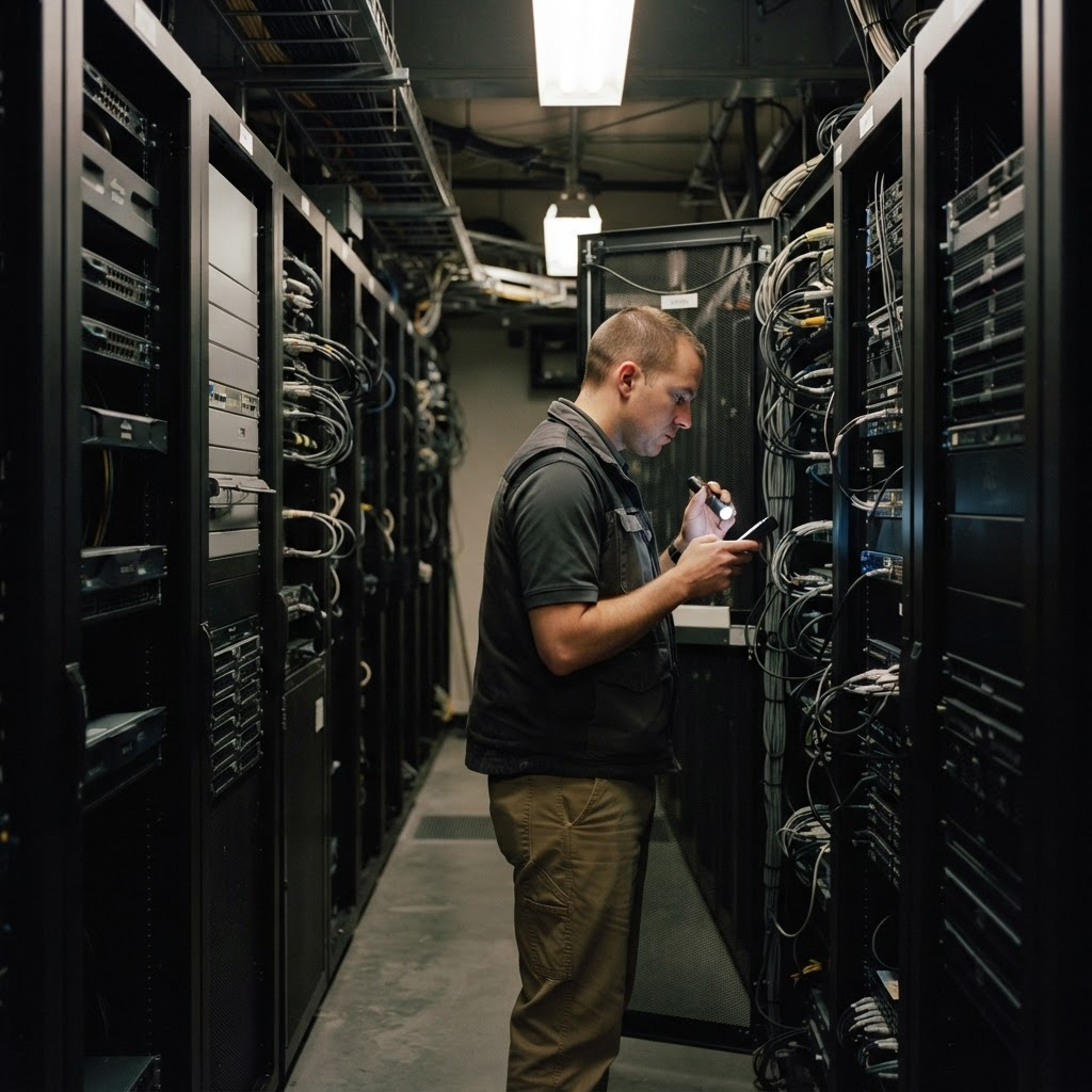 Operator memeriksa rak server di ruang infrastruktur