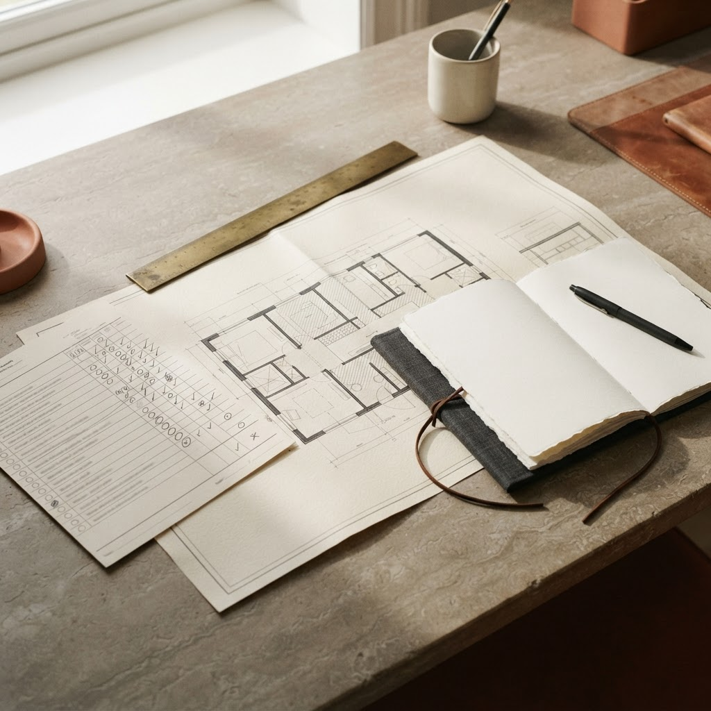 Blueprint dan checklist keamanan di atas meja